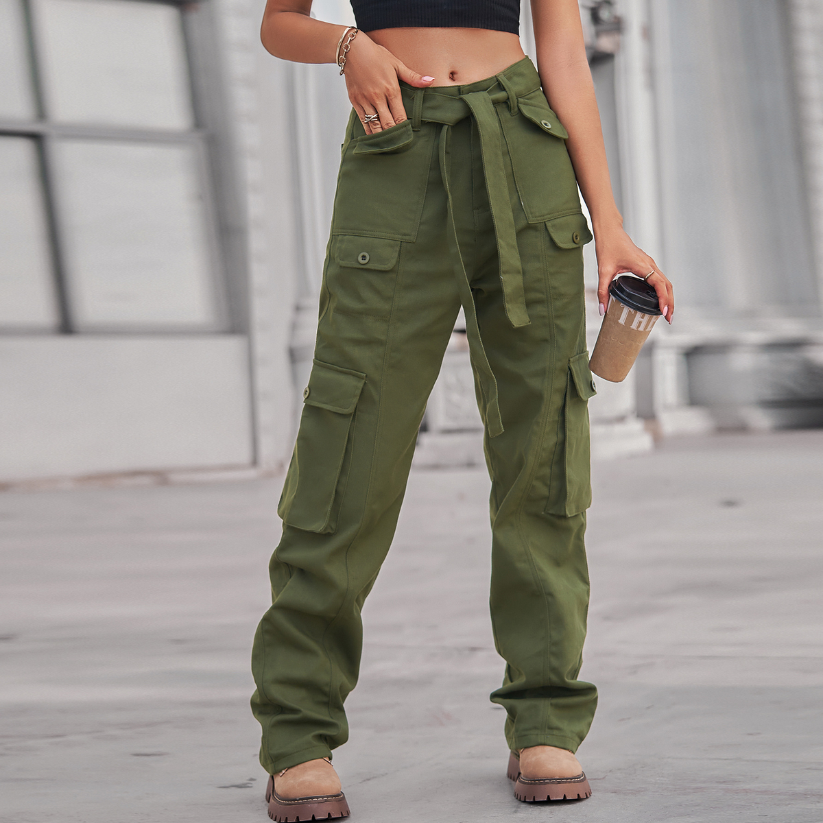 Casual Washed Denim Multi-Pocket Cargo Pants_CWJP0633