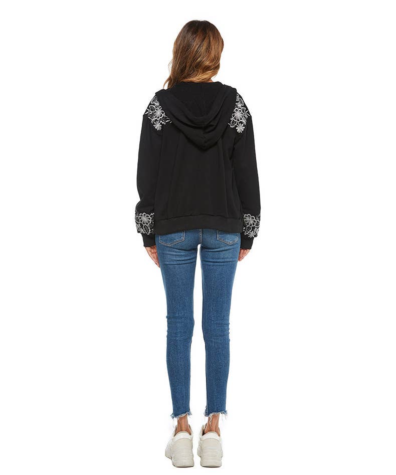 DESIGN SENSE EMBROIDERY HOODED TOP CARDIGAN COAT