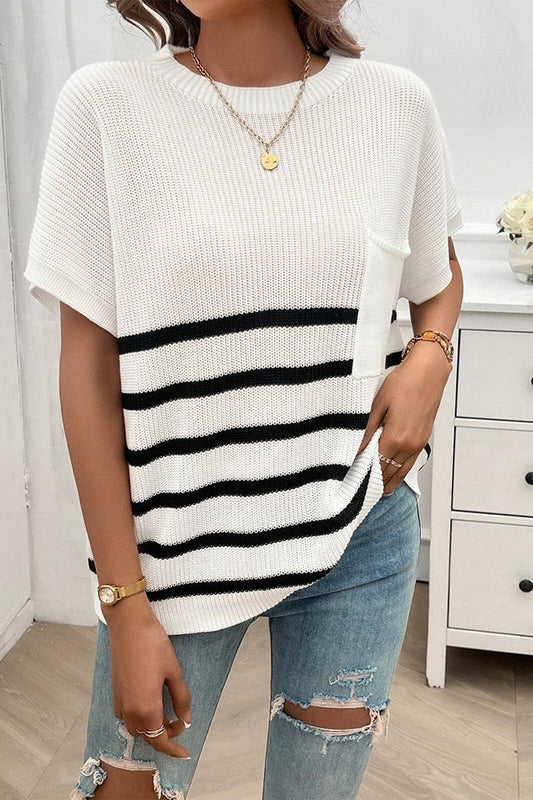 CWOSWS0077_CREW NECK STRIPED CONTRAST SHORT SLEEVE SWEATER