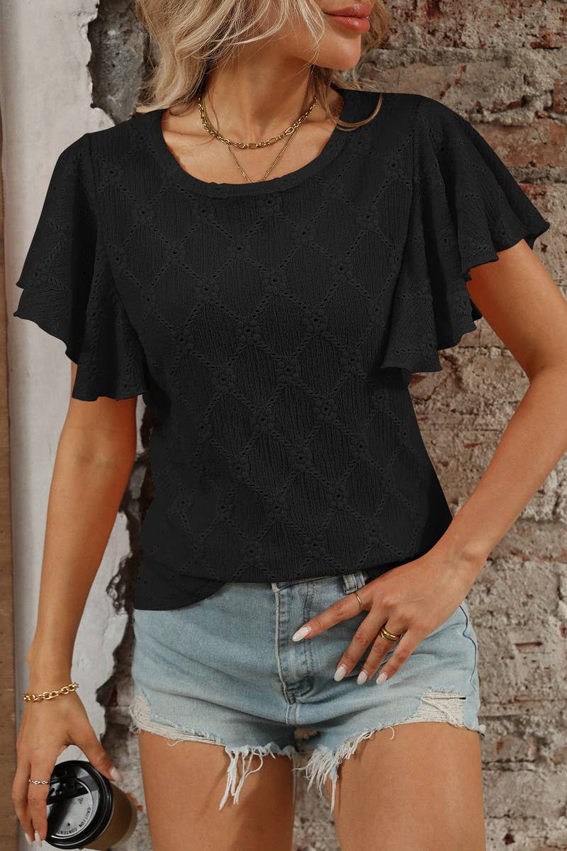 CWTTS1371_SUMMER FLOWER HOLLOW LOTUS SLEEVE CASUAL TOP