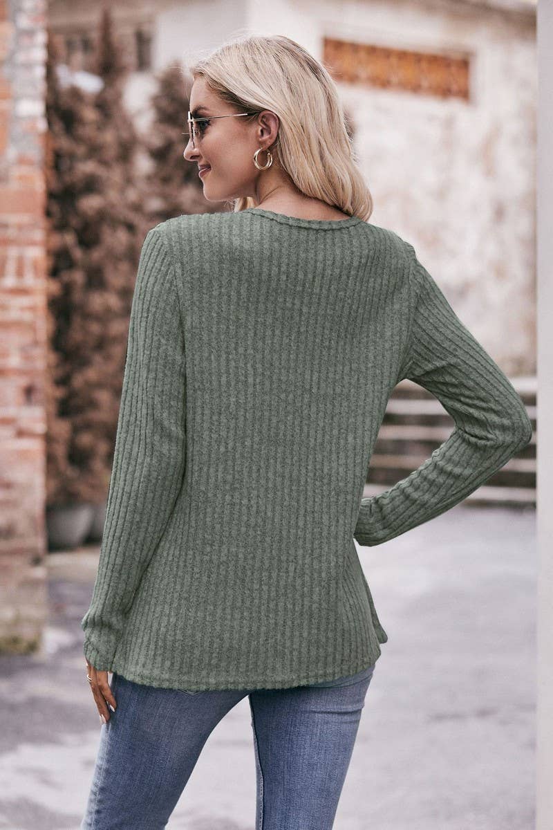 CWTBLL1830_SOLID COLOR ROUND NECK RIBBED HEM BUTTON T-SHIRT