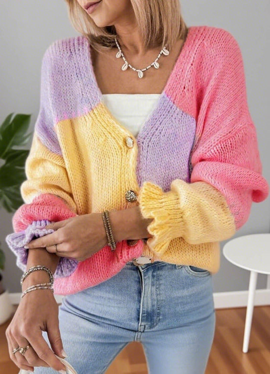 CWOCAL2362_COLORBLOCK RUFFLE EDGE LOOSE KNIT CARDIGAN