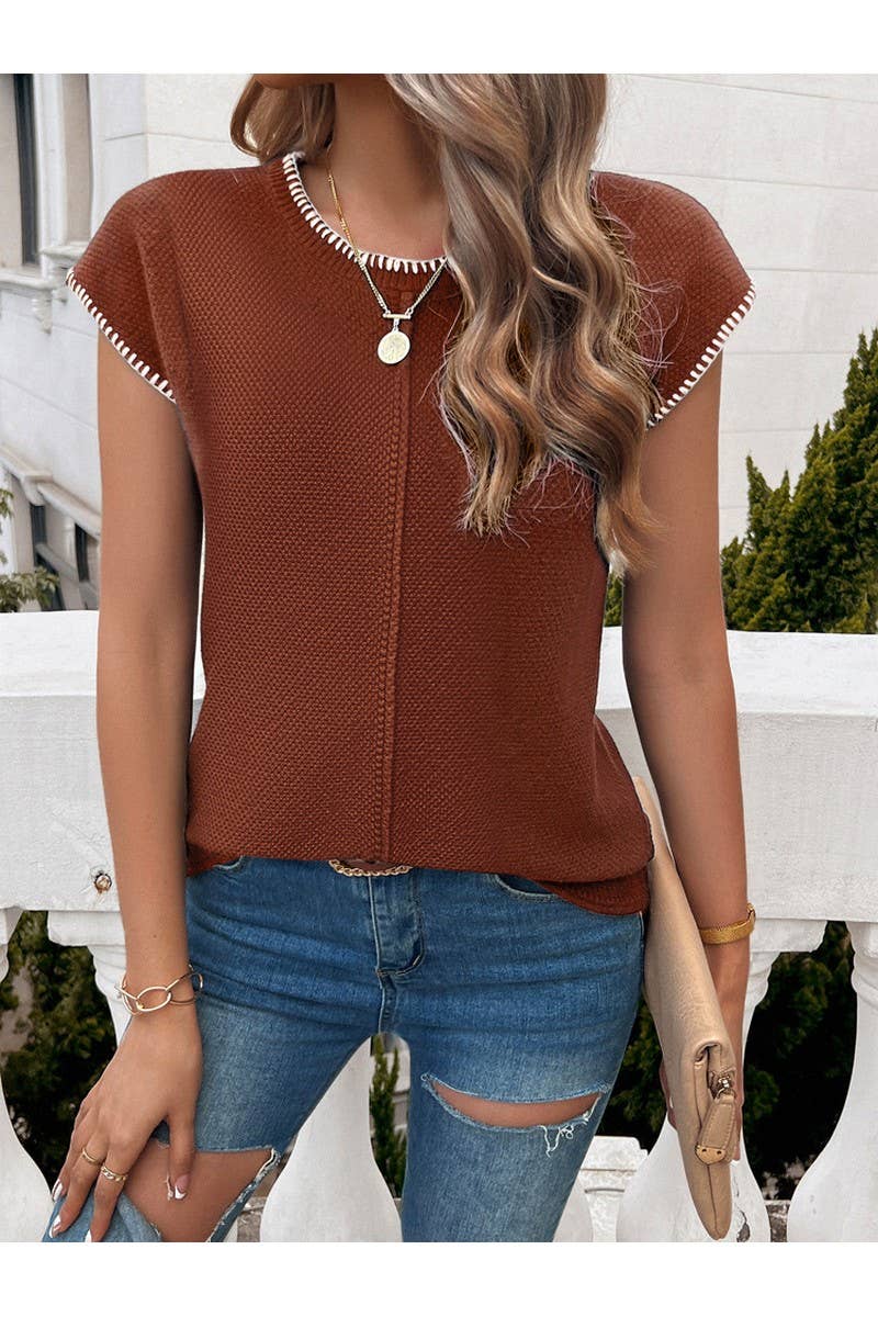 CWTTSL0266_Crew Neck Short Sleeve Casual Knit Vest Top