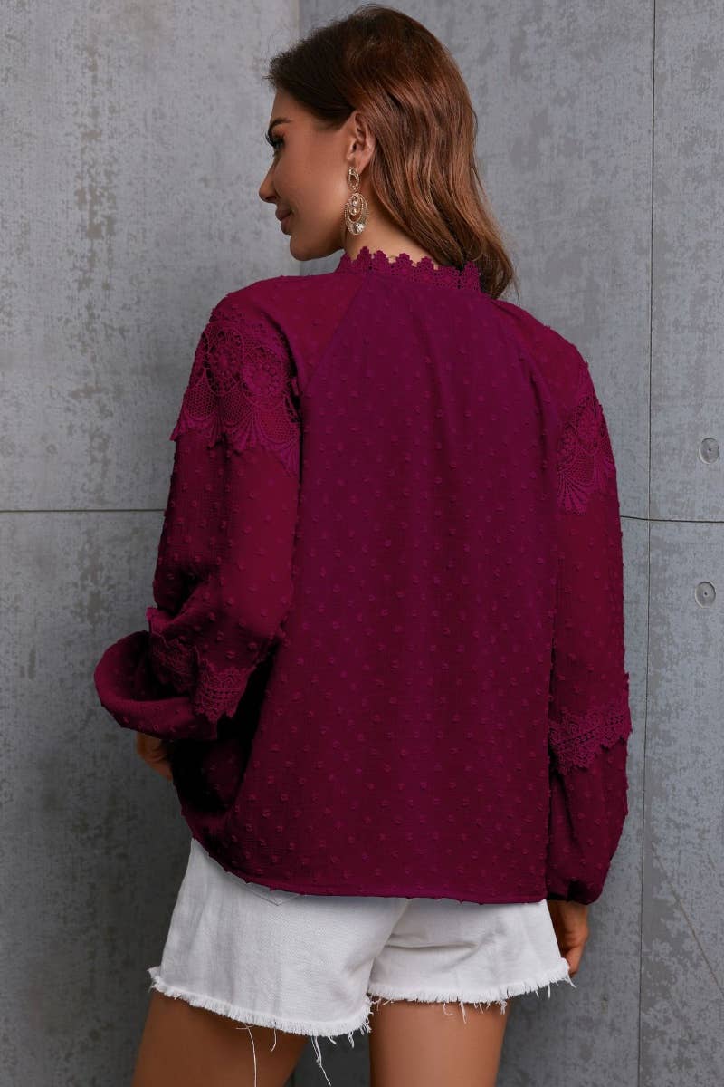 CWTBLL0831_CHIFFON HALF-NECK LACE PATCHWORK LONG-SLEEVED TOP