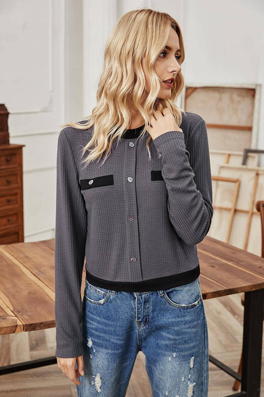 BUTTON SOLID COLOR SHORT SLIMMING SWEATER