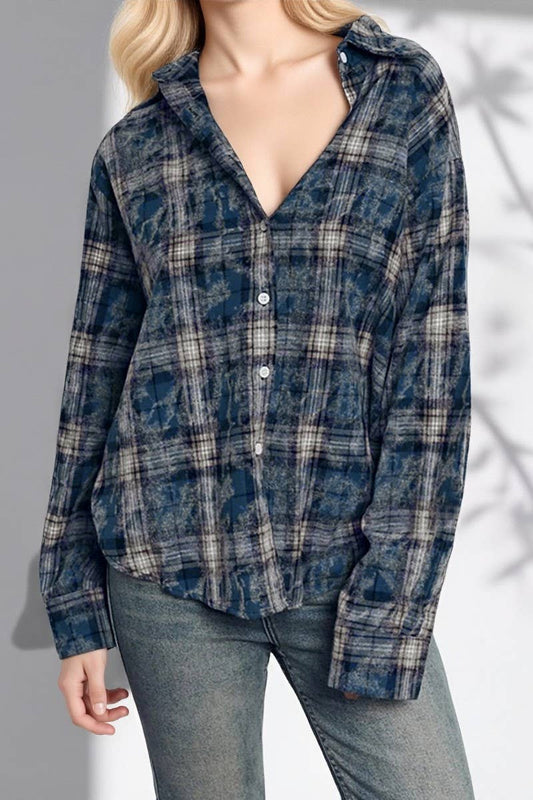 CWTBLL00625_PLAID LOOSE RUFFLED PLAID LONG-SLEEVED SHIRT