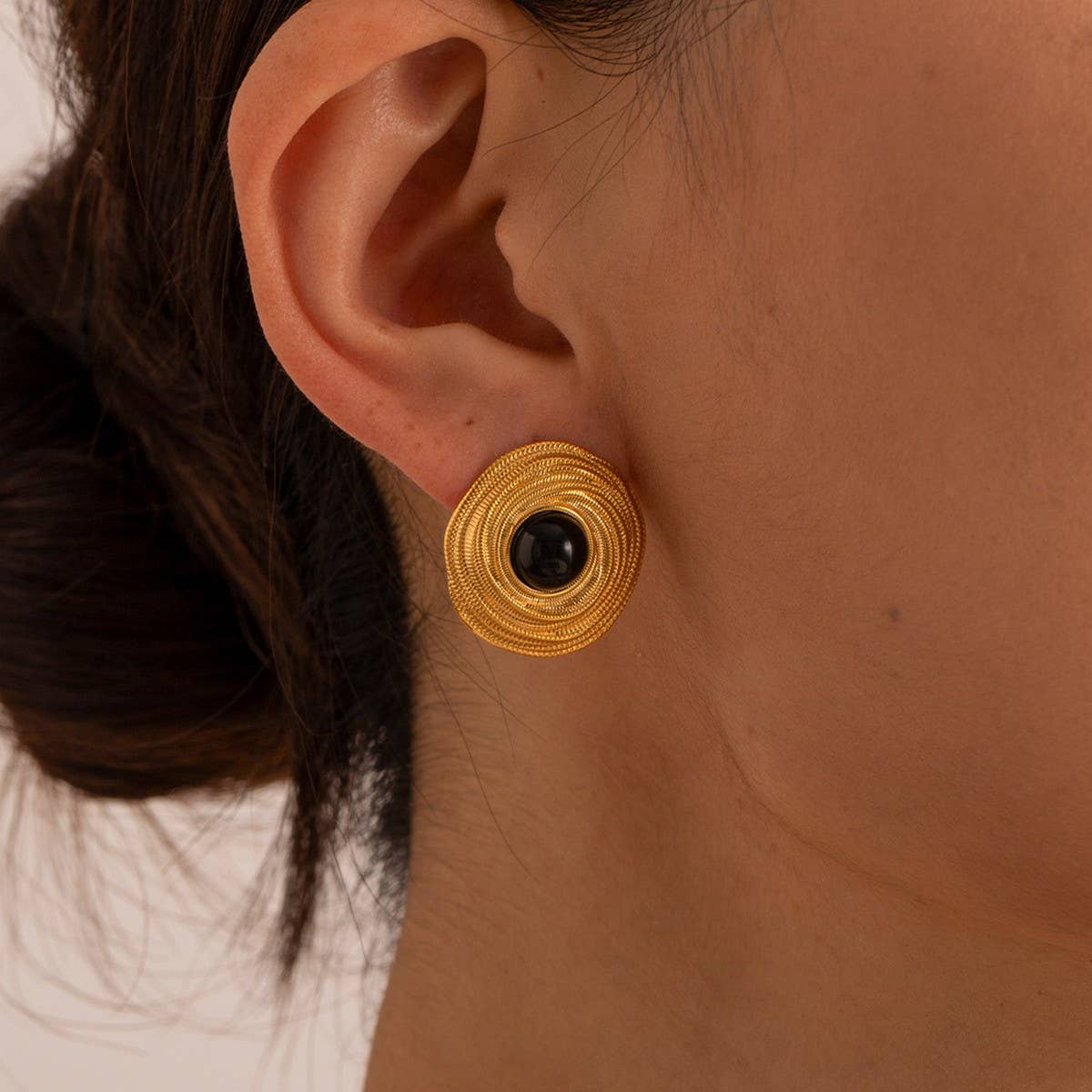 PERSONALIZED RETRO COIL INLAID BLACK AGATE EARRINGS_CWMM2346