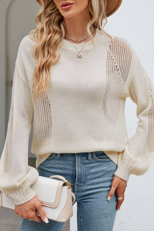 CWOSWL6485_CREW-NECK CUTOUT PATCHWORK LONG-SLEEVED SWEATER