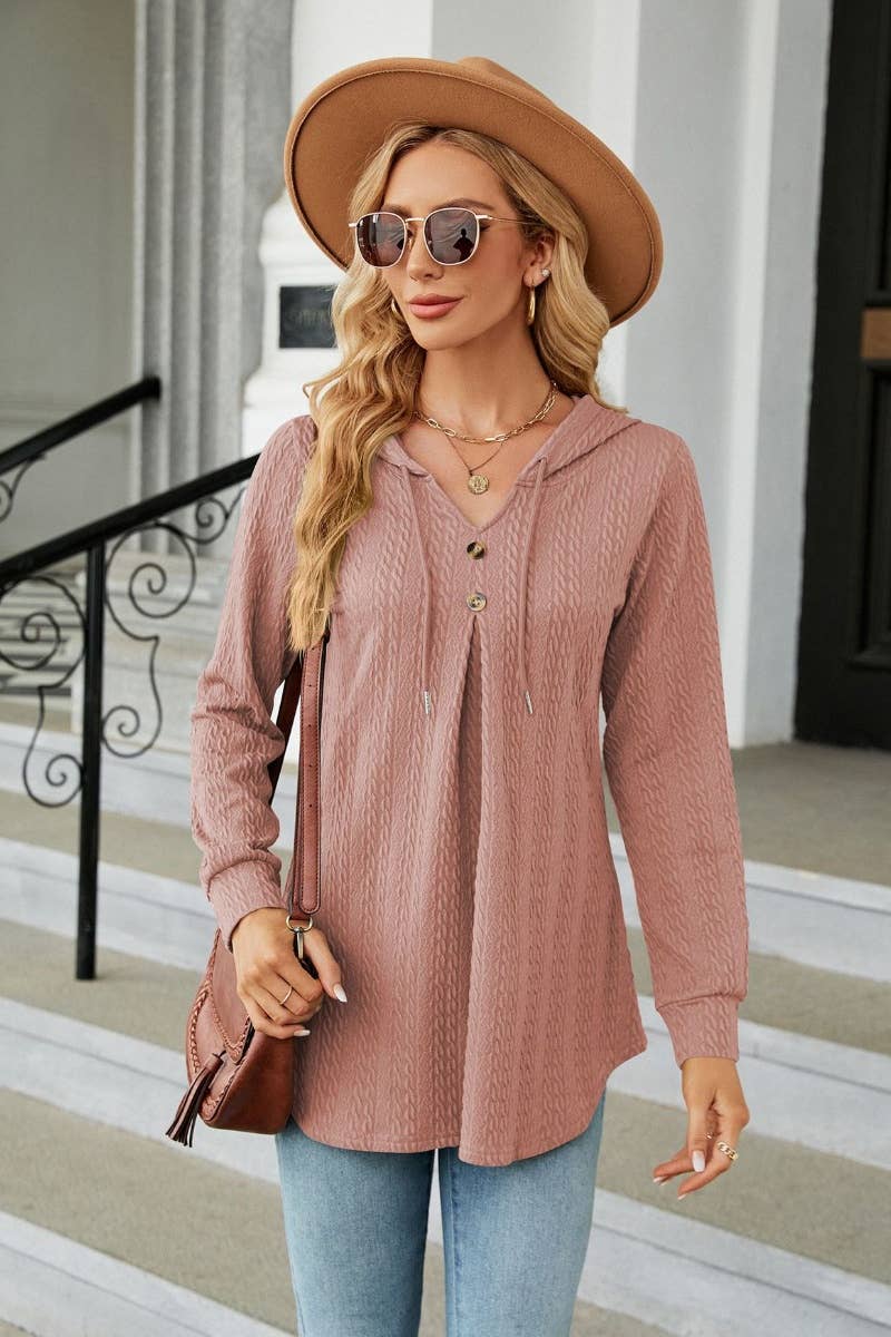 CWTBLL2794_FALL V-NECK HOODED LONG-SLEEVED KNIT TOP