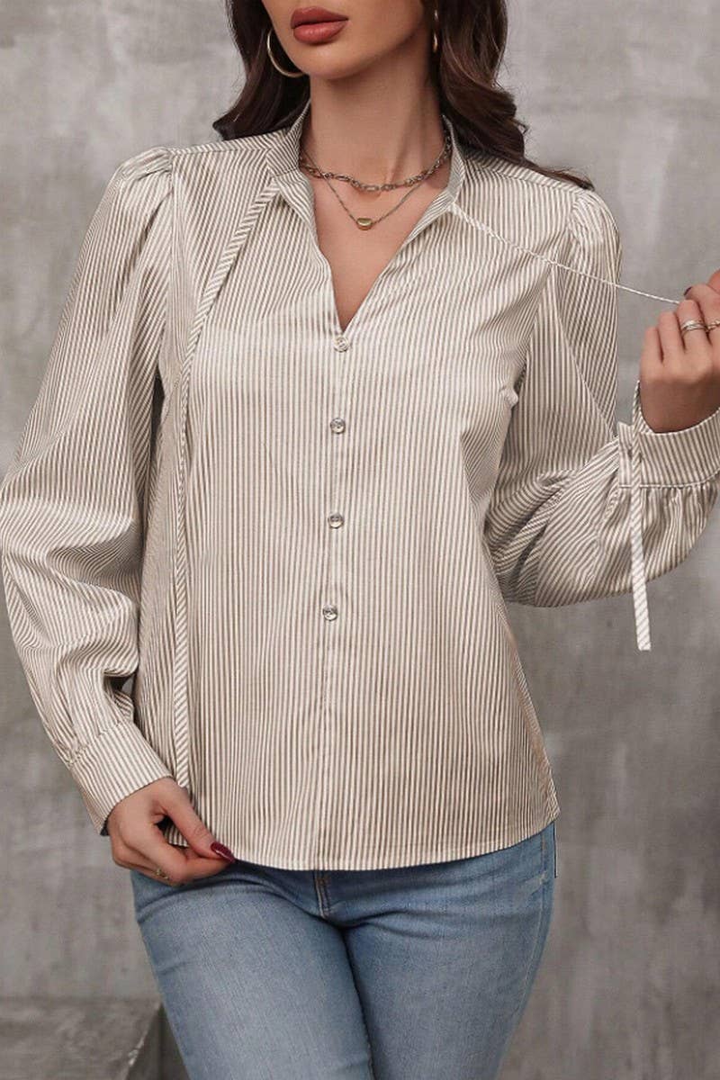 CWTSTL2886_STRIPED V-NECK TIE FRONT BUTTON LONG SLEEVE SHIRT
