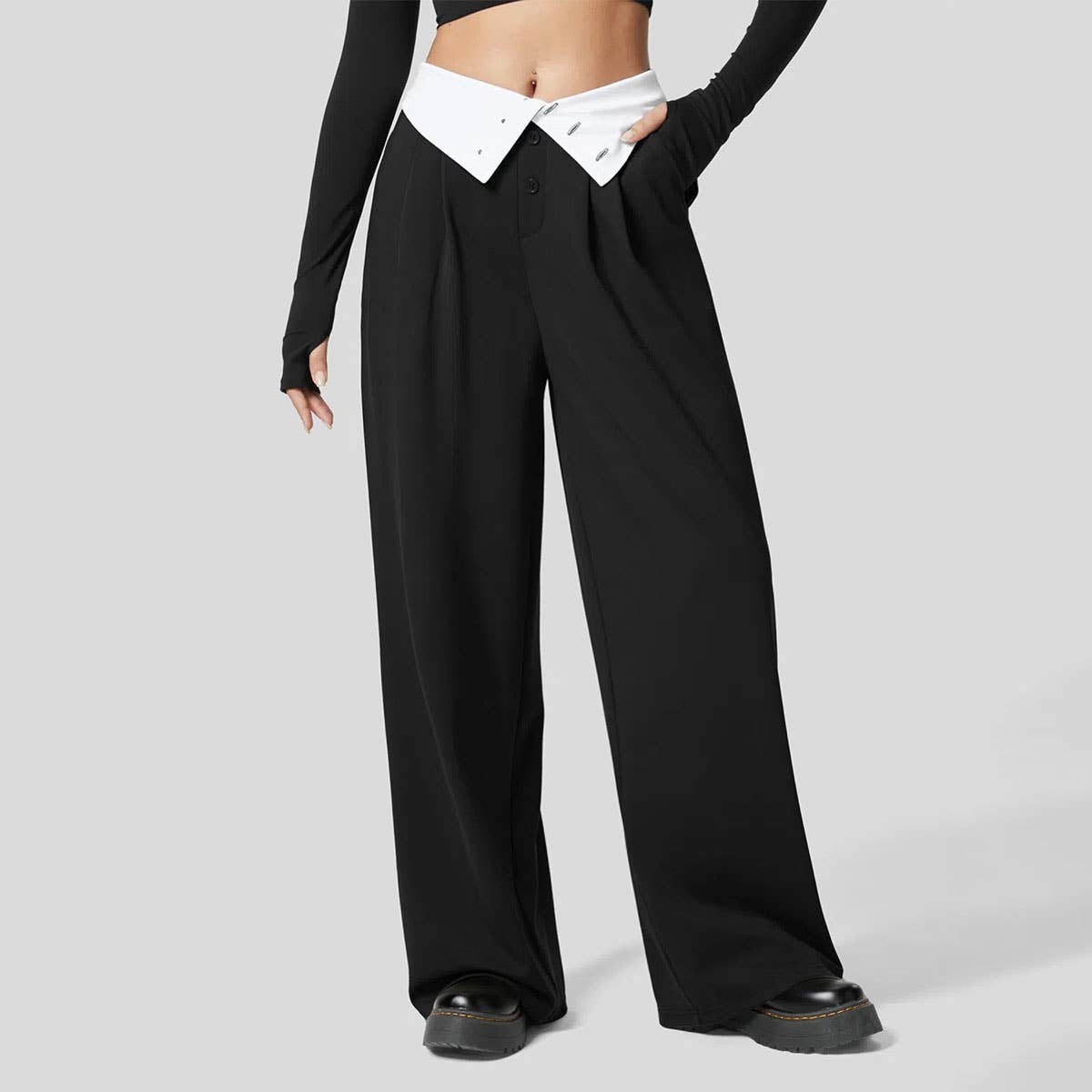 CASUAL PANTS BUTTON-FRONT HIGH-WAISTED STRAIGHT-LEG PANTS