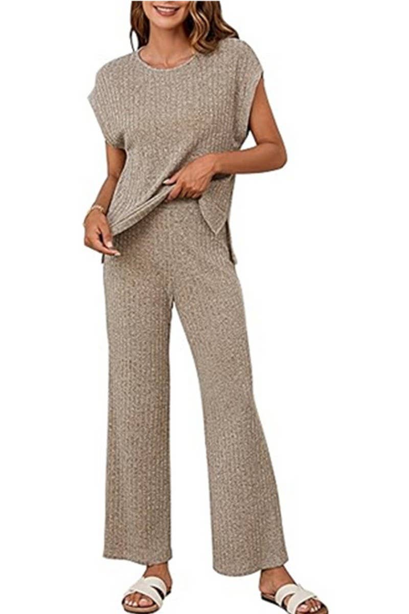 CWSTB1611_STRIPED BRUSHED SLIT TOP AND TROUSERS SET