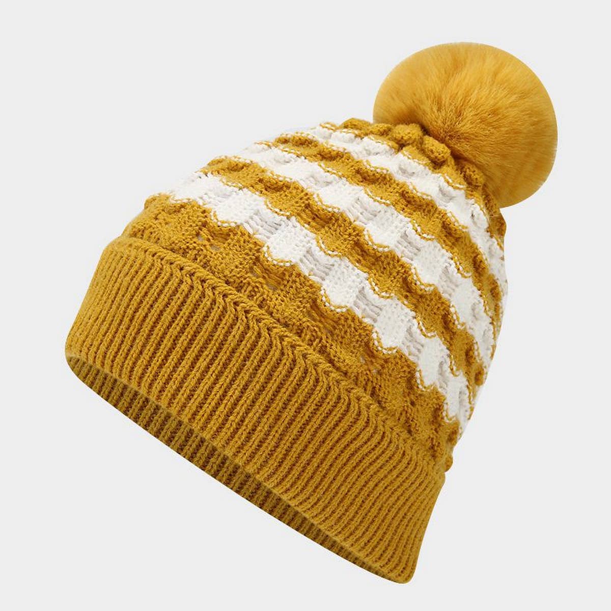 NEW CONTRAST STRIPED POM-POM KNITTED HAT_CWAH1609