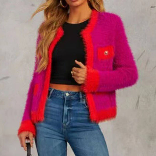 BRIGHT CONTRAST COLOR BUTTONLESS PLUSH CARDIGAN