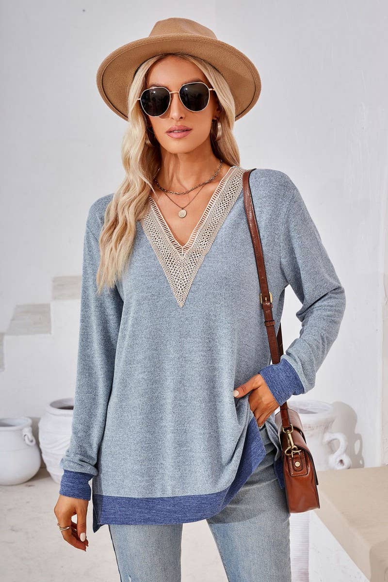 CWTBLL3660_AUTUMN NEW V-NECK LACE SOLID COLOR LOOSE T-SHIRT