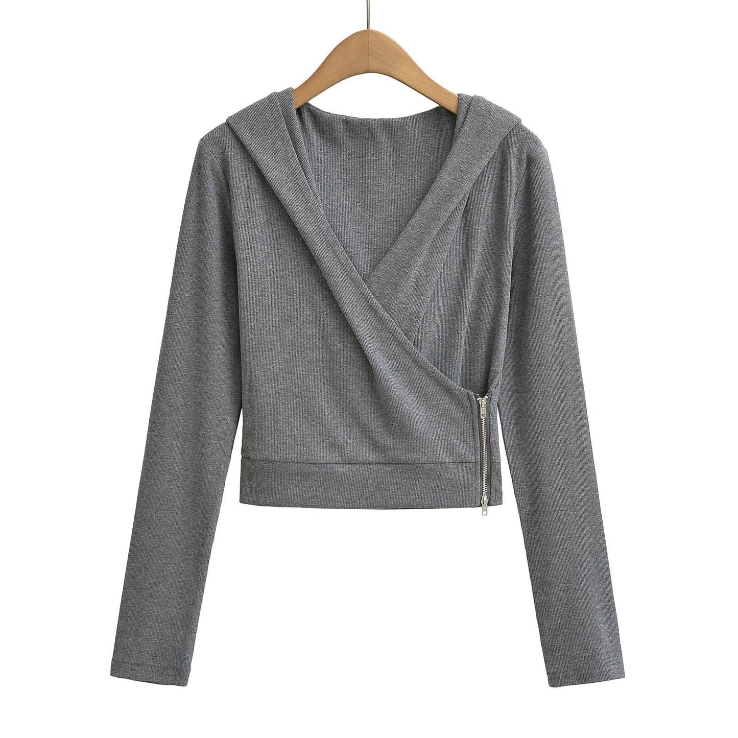 Design cross-V-neck zipper hooded sweatshirt