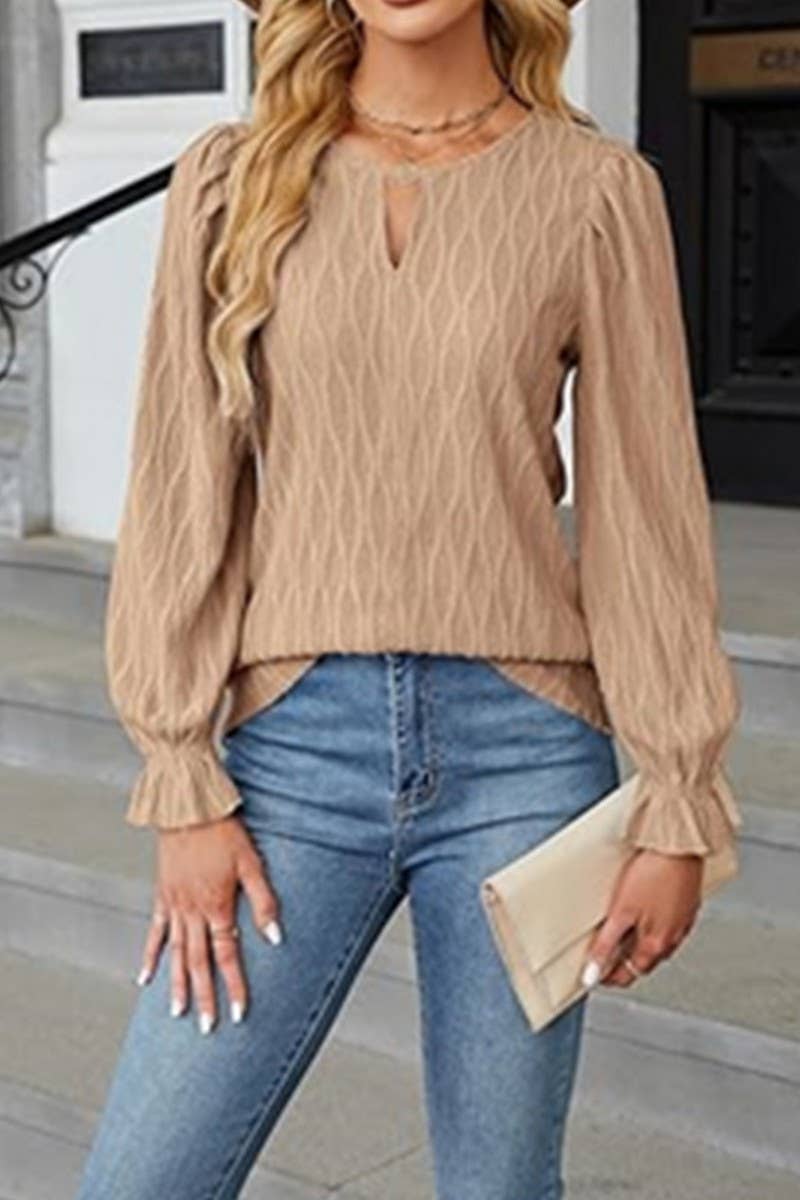 CWTBLL3615_SOLID COLOR JACQUARD ROUND NECK LONG SLEEVE TOP