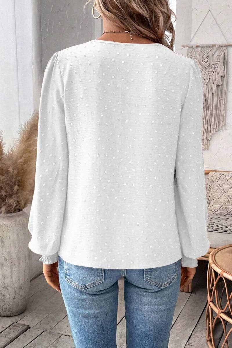 CWTBLL1064_FALL CASUAL V-NECK LACE LONG-SLEEVED TOP