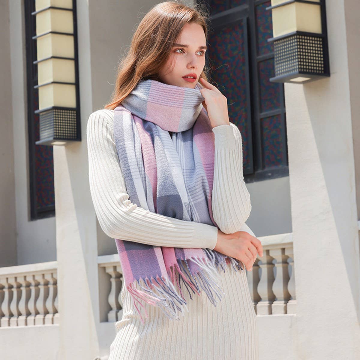WOMEN WINTER TARTAN WITH FRINGE PLAID SCARVES