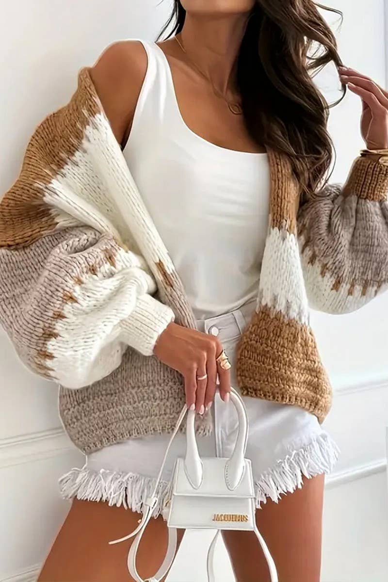 CWOCAL00824_V NECK COLOR BLOCK LOOSE KNIT CARDIGAN