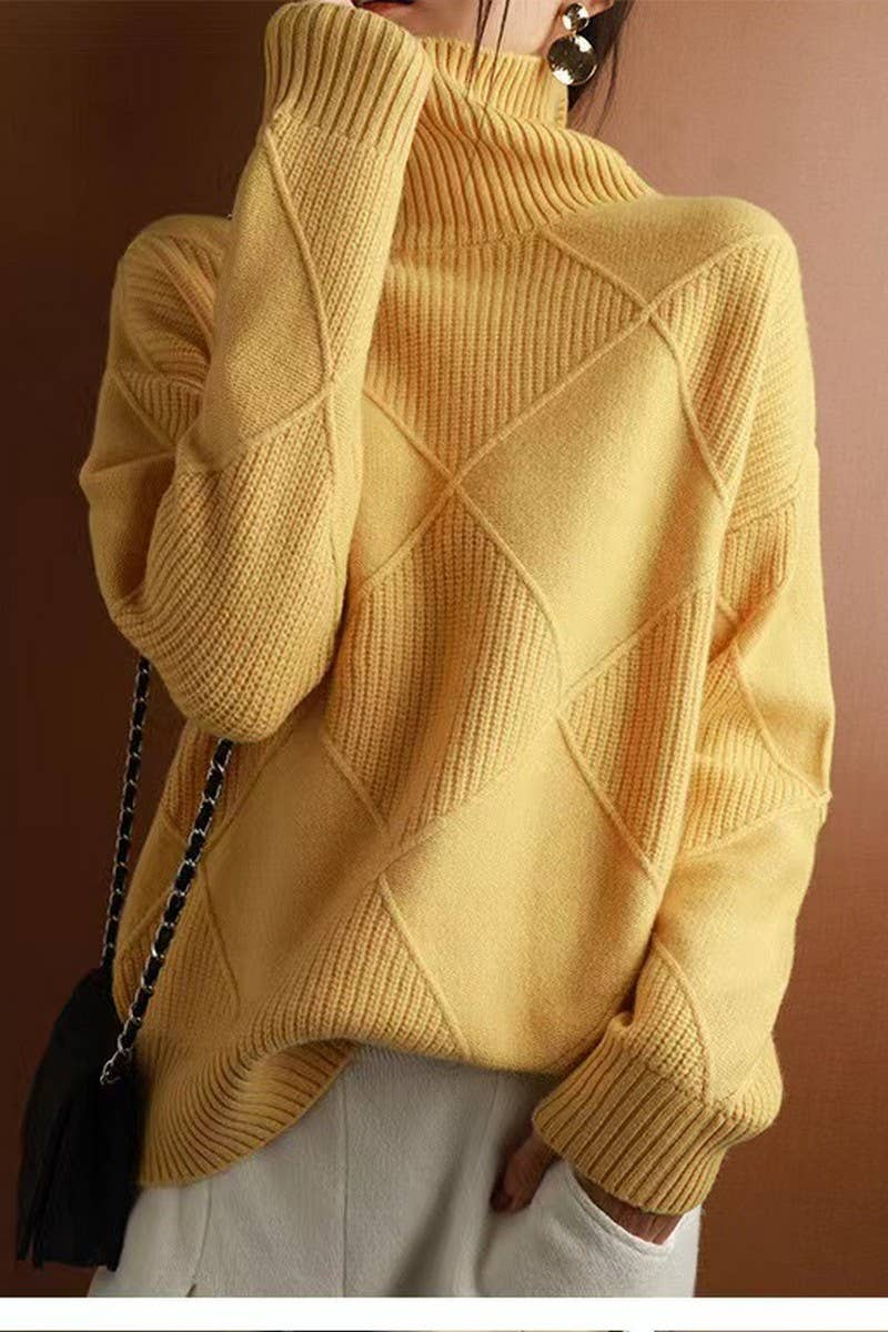 CWOSWL07650_SOLID COLOR HIGH COLLAR DIAMOND CHECK SWEATER