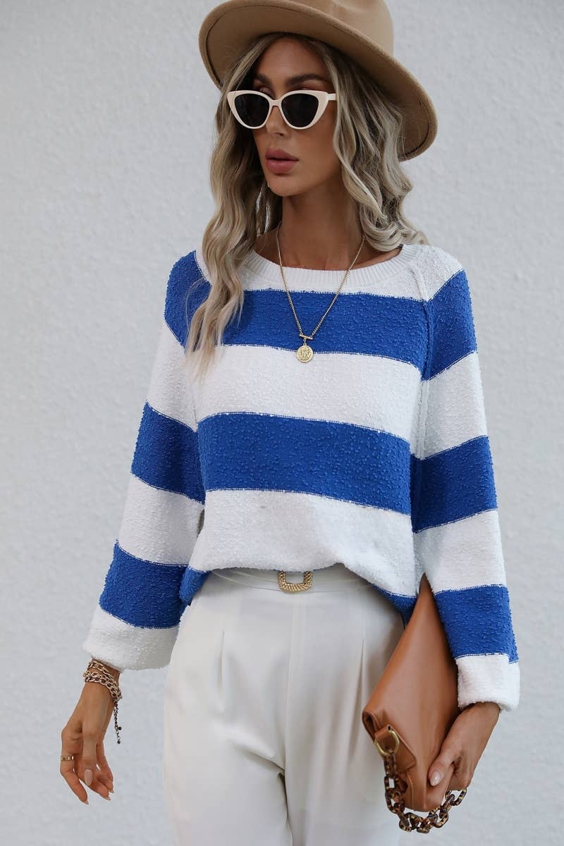 CWOSWL615 Off Shoulder Striped Neck Pullover Sweater