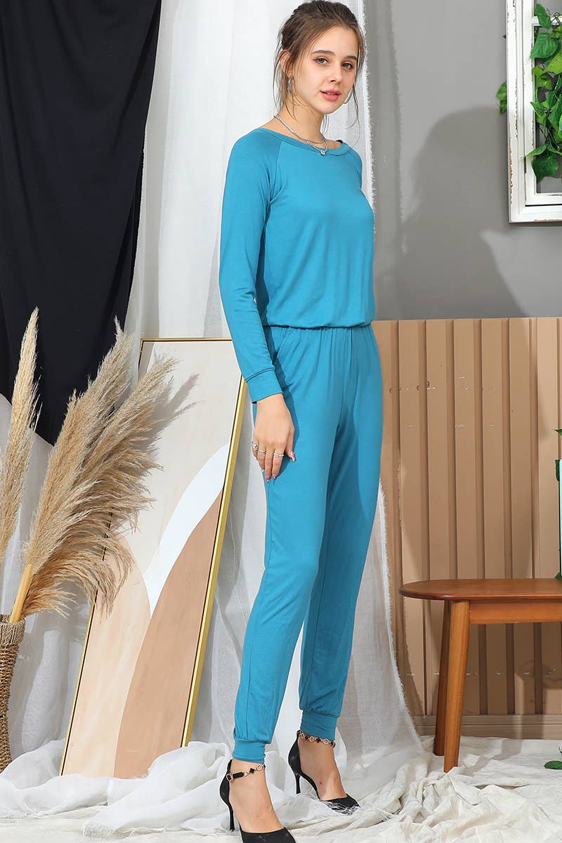 CWSJS157_LONG SLEEVE ROUND NECK CASUAL LONG PANTS JUMPSUIT