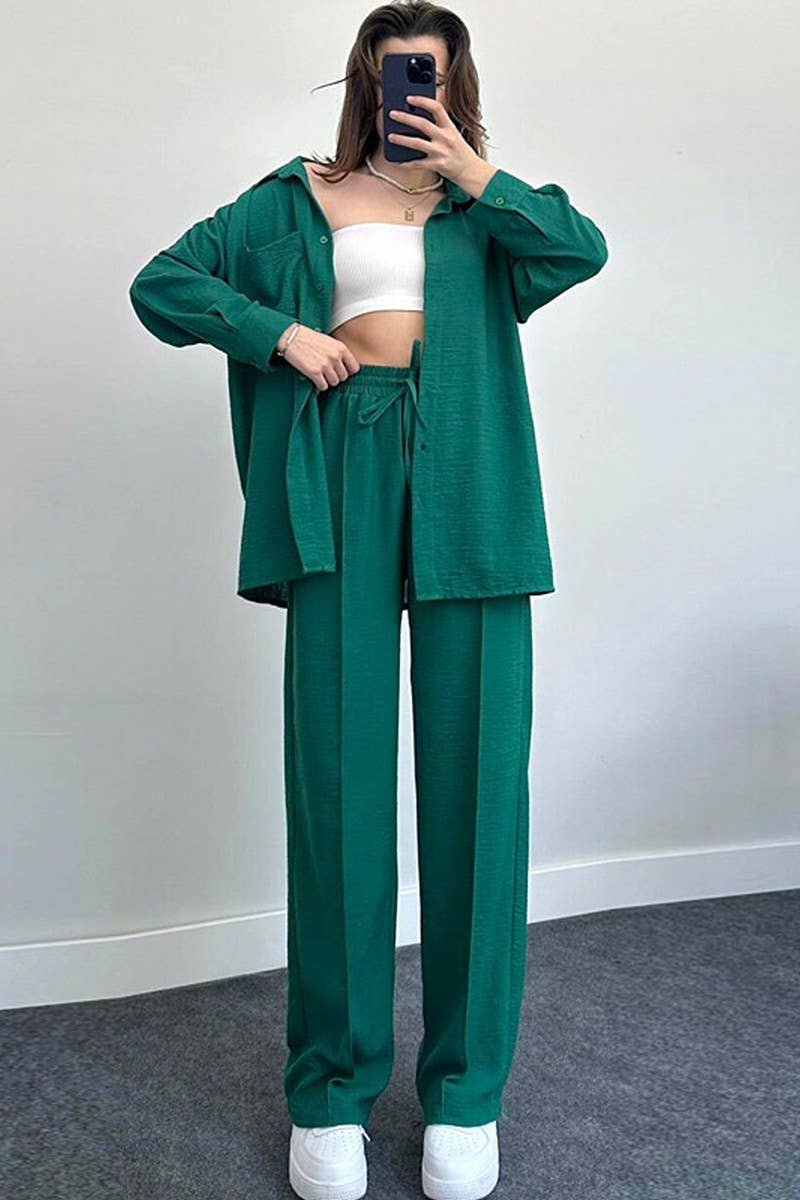 CWSS1061_WOMEN'S LOOSE LONG-SLEEVED SHIRT TWO-PIECE SUIT