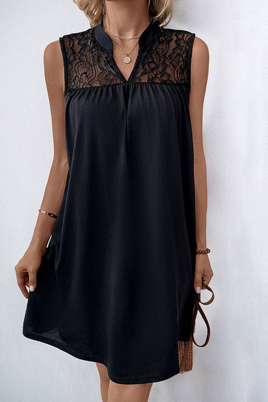 CWDSD8310_SOLID LACE TRIM SMALL STAND COLLAR DRESS