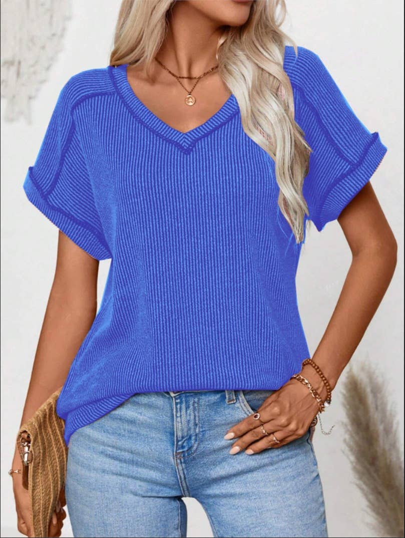 Fashion two-tone twist short sleeve V-neck shirt