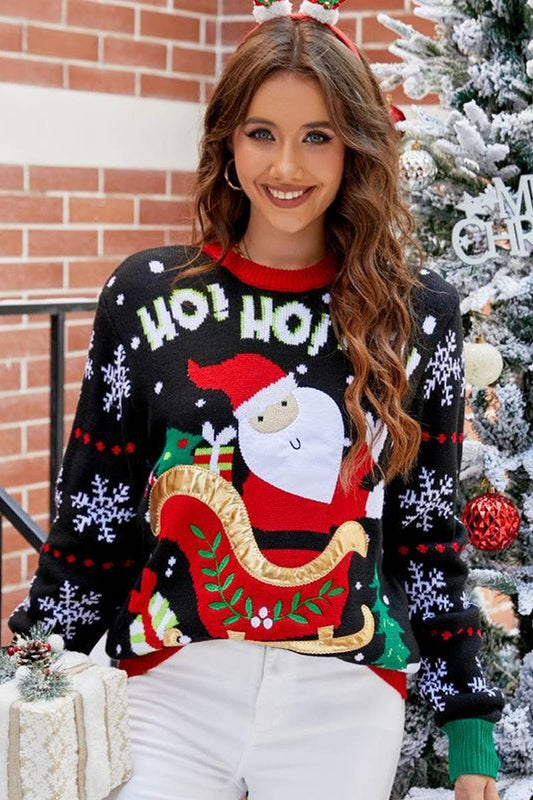 CWOSWL2430_EMBROIDERED SANTA CLAUS PULLOVER CHRISTMAS SWEATE