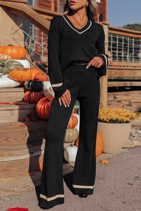 CWSTB1168_CONTRAST-COLOR KNITTED LONG-SLEEVED TROUSERS SET