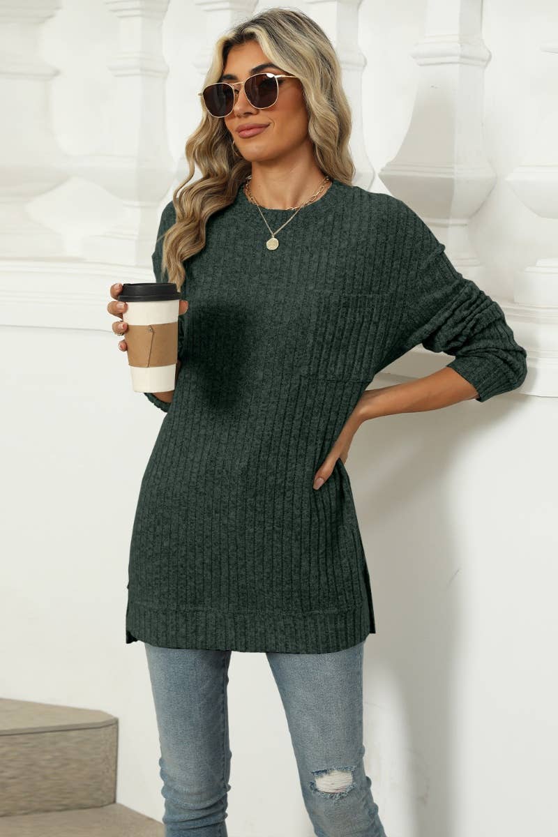 CWOSWL6608_WINTER POCKET CREW NECK LONG-SLEEVED SWEATER