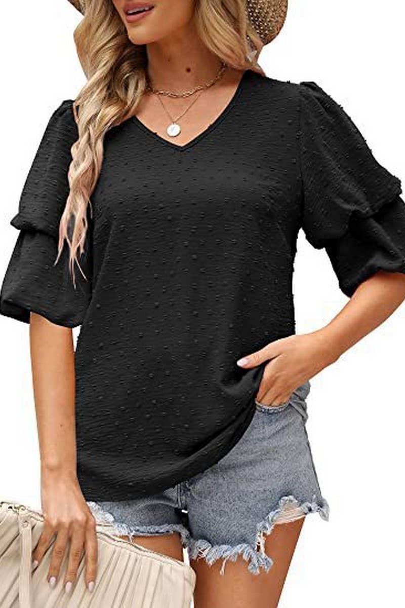 CWTBLS02488_V-NECK LANTERN SLEEVE DOT CHIFFON TOP