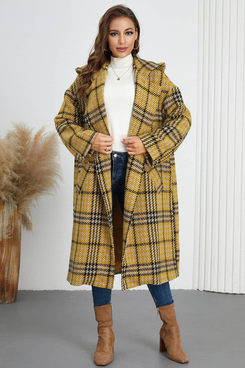CWOCO0942_DOUBLE-BREASTED PLAID LAPEL LONG HOODED COAT