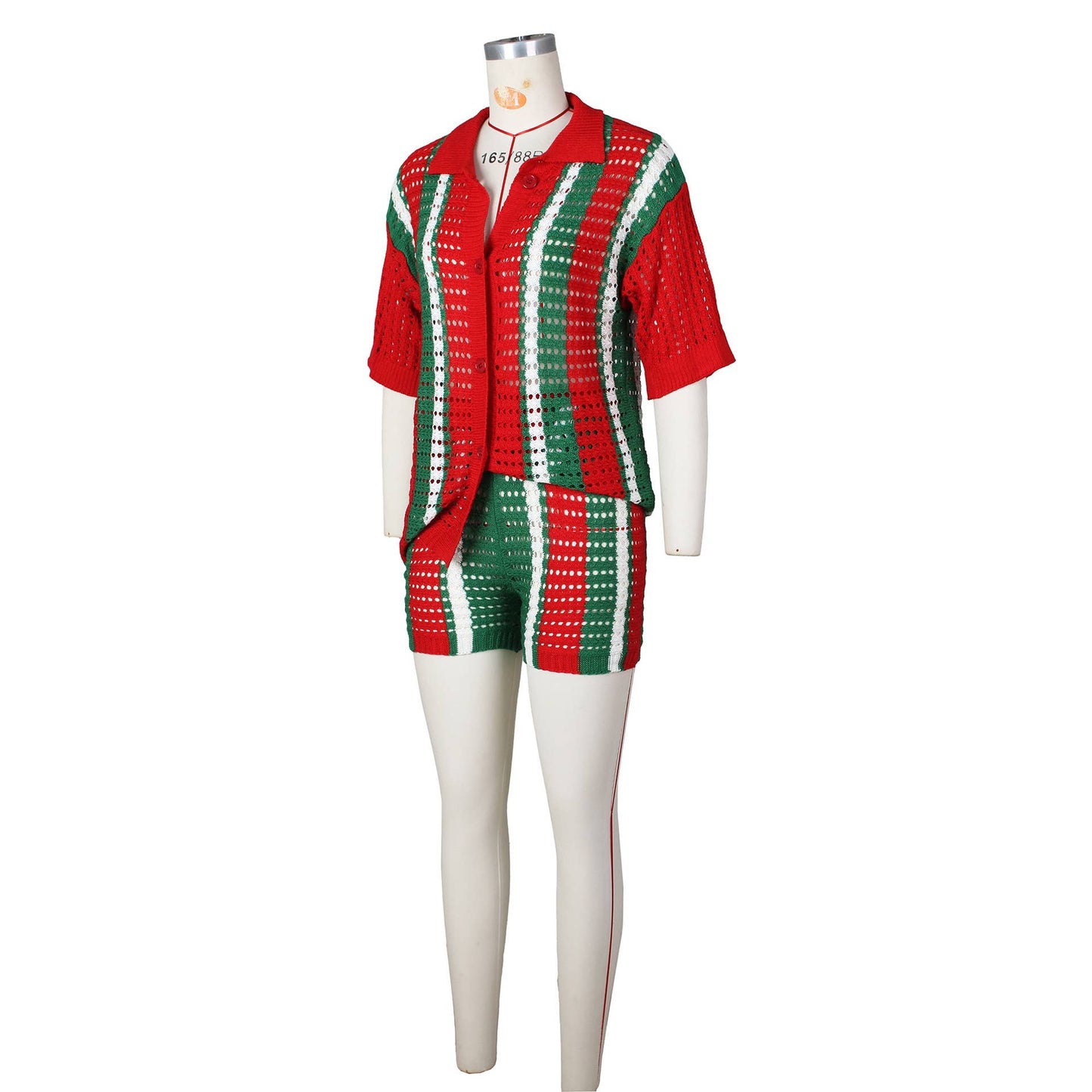 CUT-OUT SEE-THROUGH LAPEL KNIT SHORTS SET