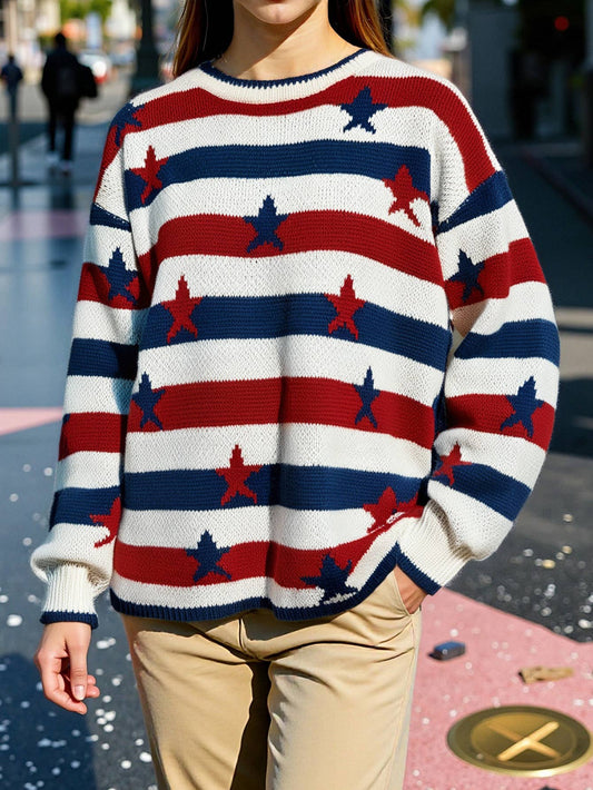 Fashionable flag print loose striped sweater
