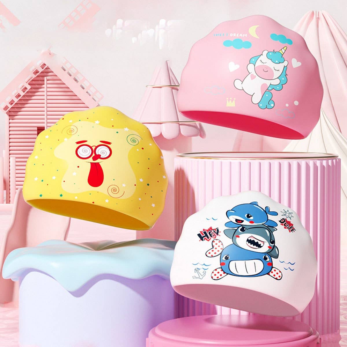 Kids Swim Cap Cartoon Cute Waterproof Silicone Hat