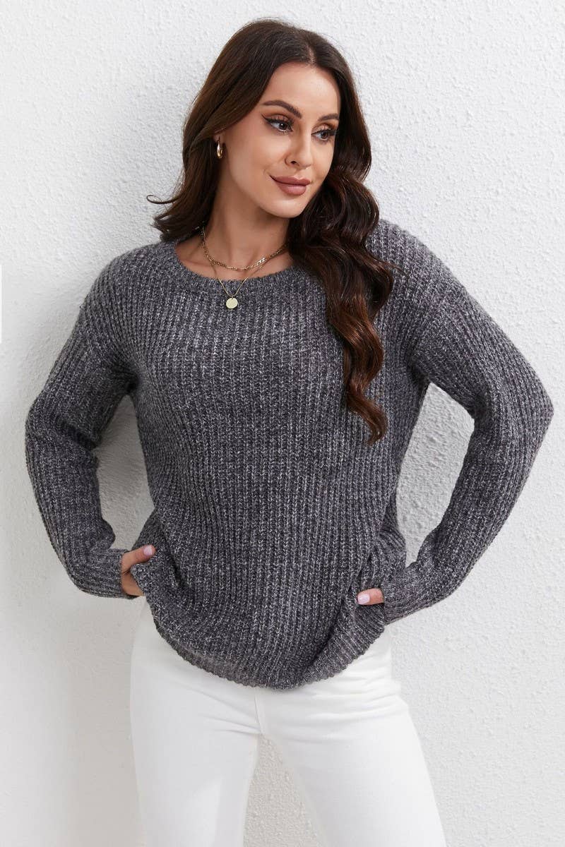 CWOSWL07669_SOLID COLOR ROUND NECK LOOSE PULLOVER SWEATER