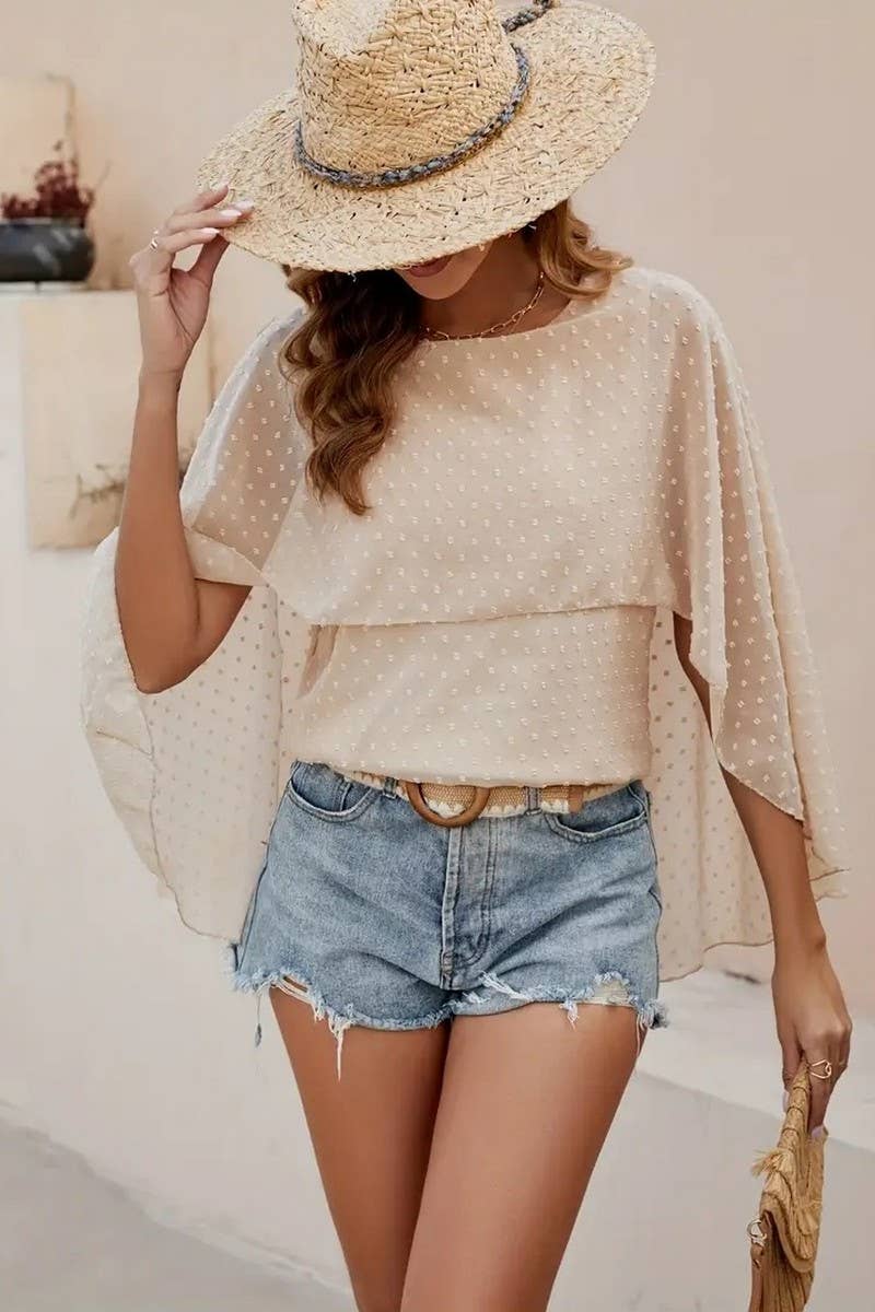 CWTBLS2234_CAPE STYLE LOOSE ROUND NECK CHIFFON BLOUSE