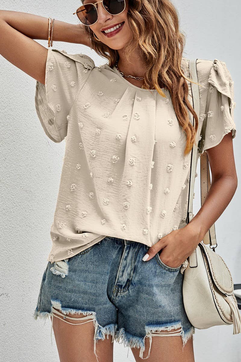 CWTBLS0342_Round neck Short Puff Sleeve Blouse