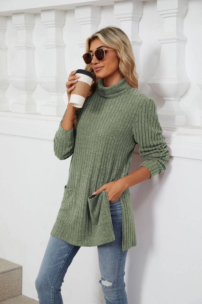 CWTBLL2363_SOLID COLOR HALF TURTLENECK SLIT POCKET TOP