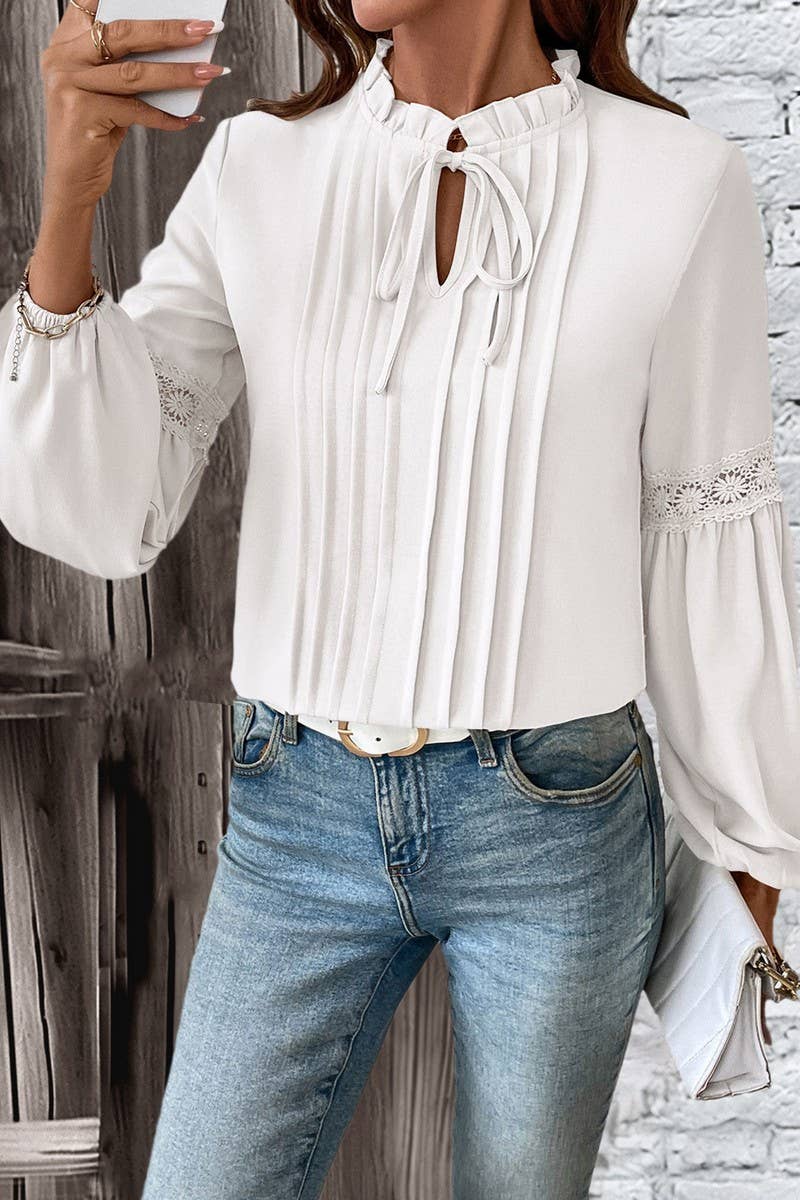 CWTBLL00727_LACE V NECK LONG SLEEVE SOLID PLEATED BLOUSE