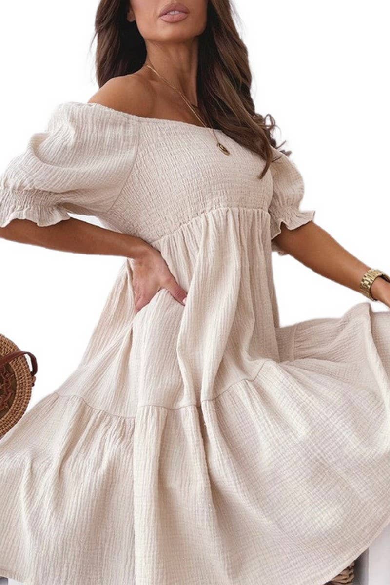 CWDSD8921_OFF-SHOULDER PLEATED SOLID COLOR DRESS