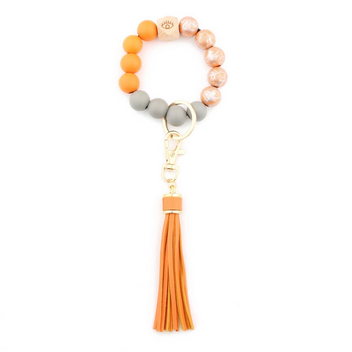 Printed Wood Bead Bracelet Keychain with Tassel_CWMM7025