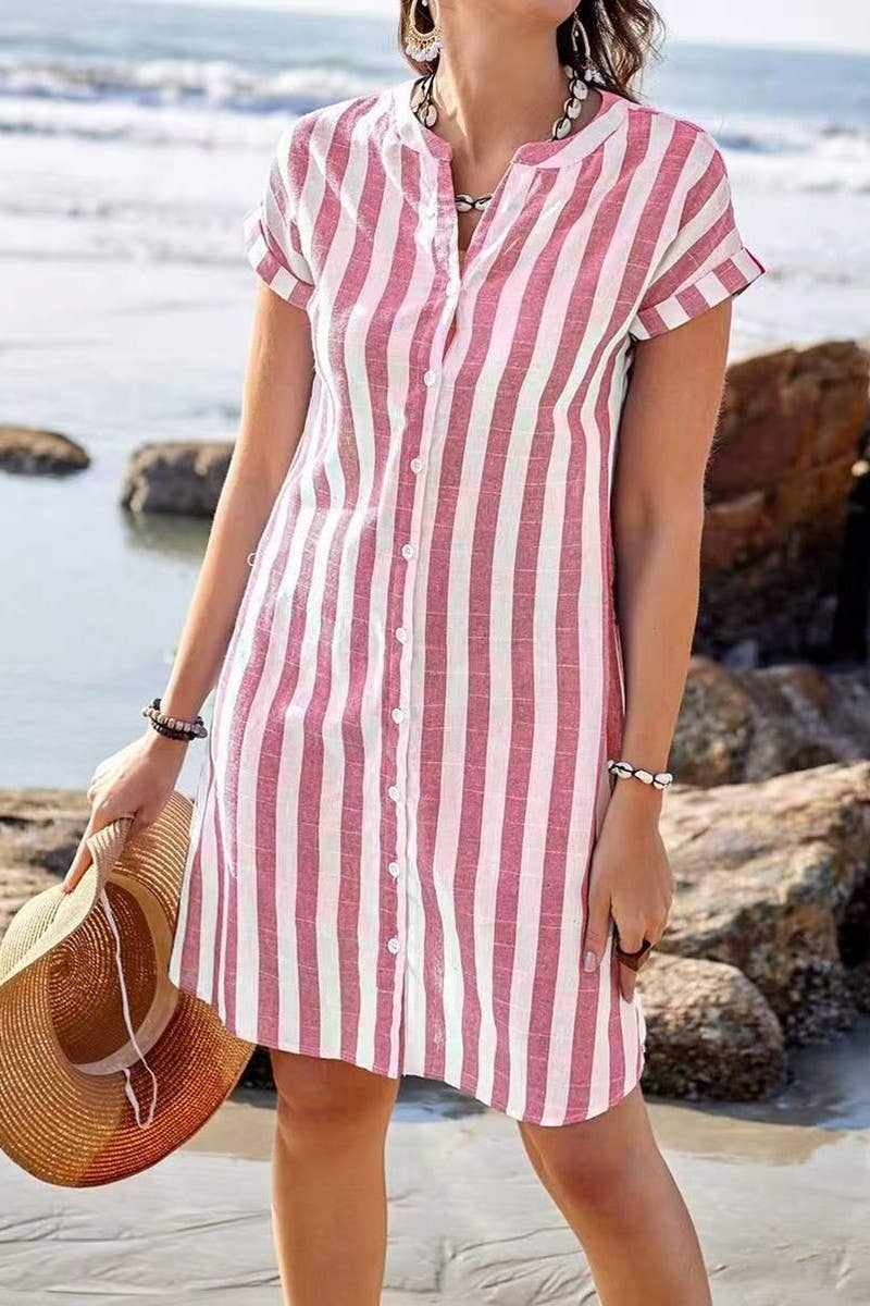 CWDMD5586_ELEGANT WOMEN'S STRIPED V NECK MIDI DRESS