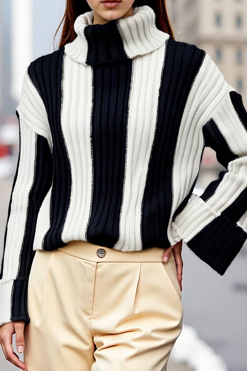 CWOSWL07083_STRIPED KNITTED HIGH-NECK LONG-SLEEVED SWEATER