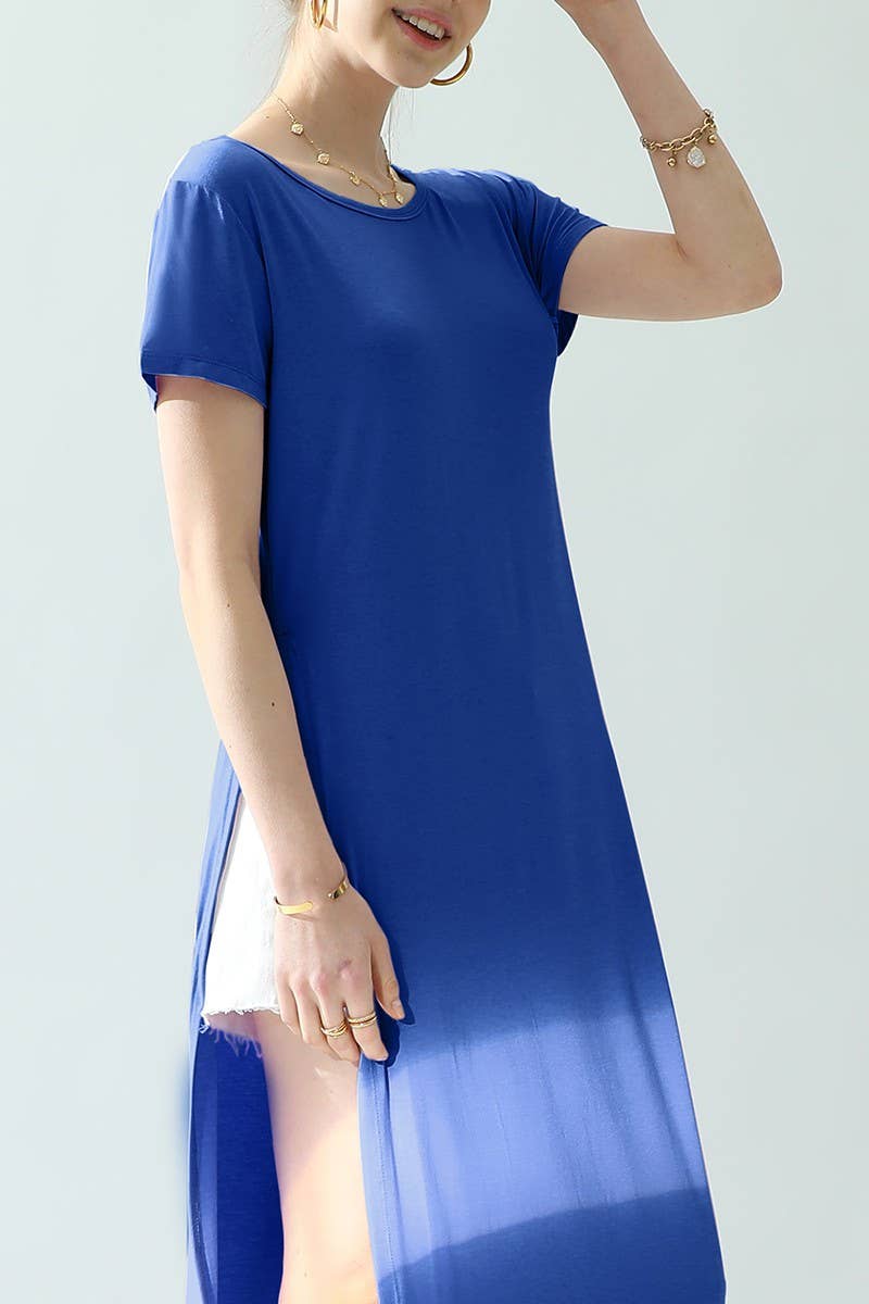 CWDMD824_ROUND NECK SHORT SLEEVE LONG DRESS WITH SLIT