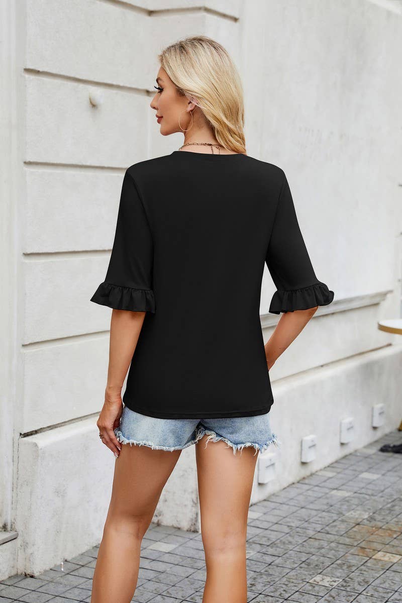 CWTBLS1725_SOLID COLOR ROUND NECK RUFFLE SLEEVES TOP