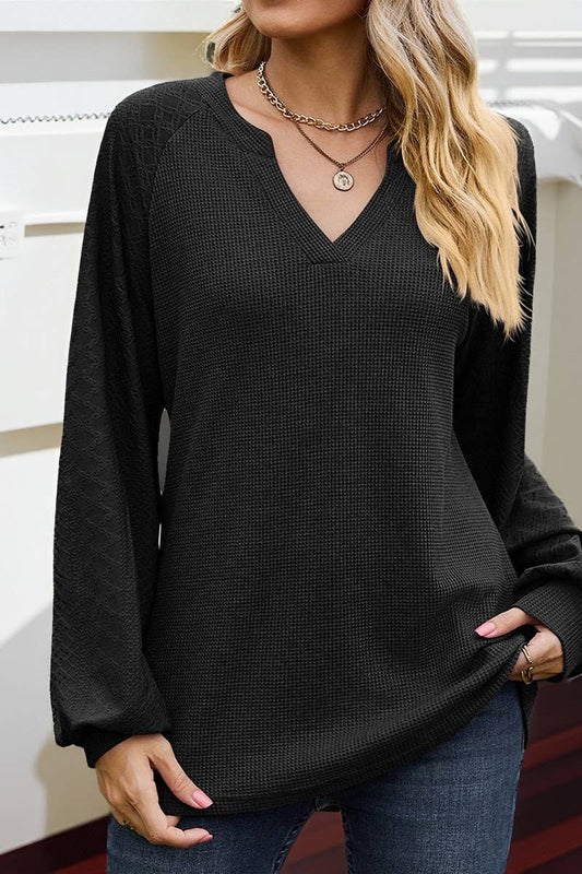 CWTBLL01313_V NECK WAFFLE KNIT SOLID LONG SLEEVE LOOSE TEE